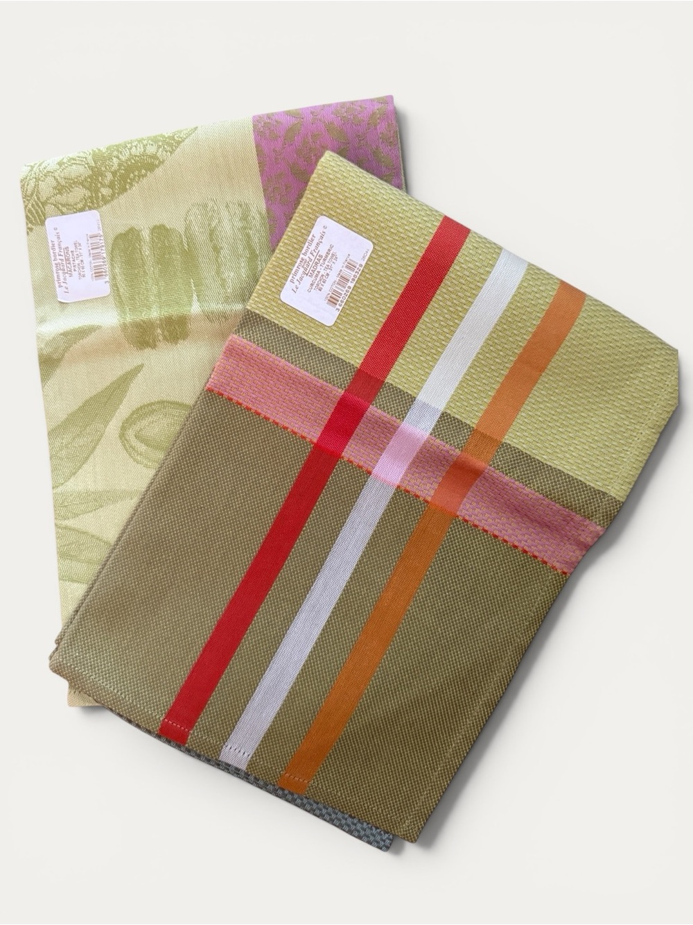 Le Jacquard Francais Tea Towels Set of 2 Macarons & Madras Plaid Green New Gifts